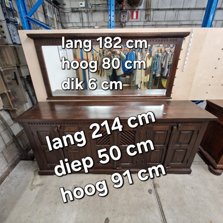 Antiek dressoir hout plus bijhorende spiegel - Afbeelding 3