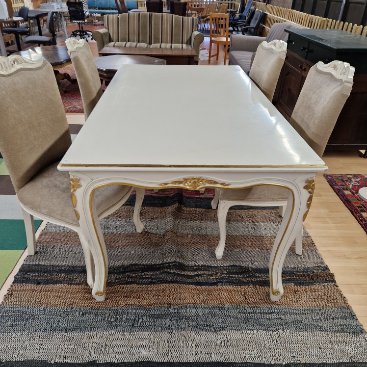 Barok eettafel plus vier stoelen wit/gouden details