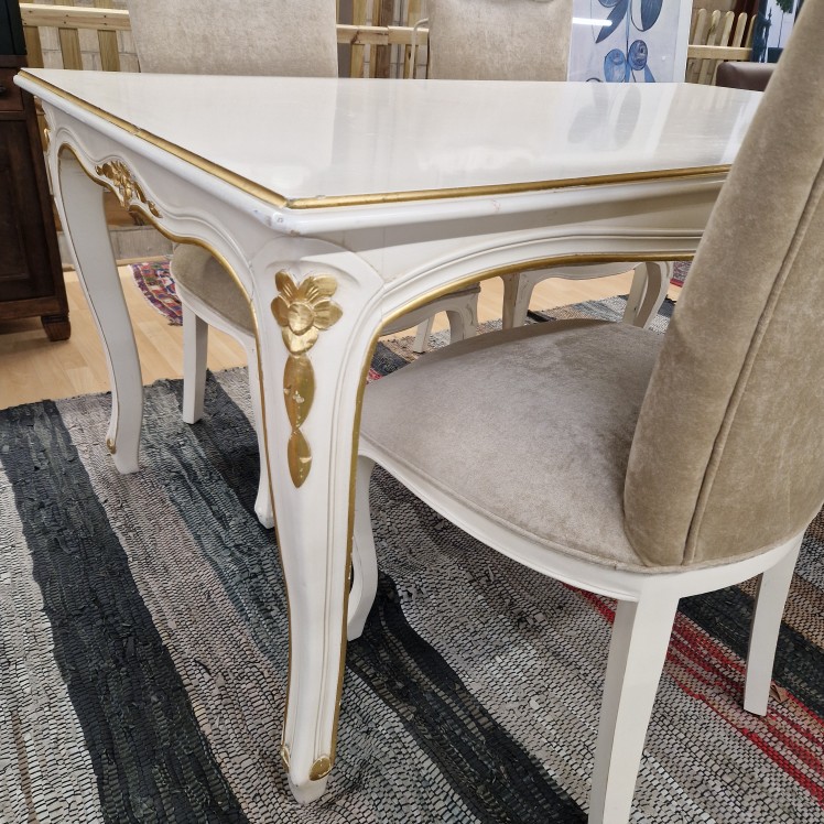 Barok eettafel plus vier stoelen wit/gouden details - Afbeelding 4