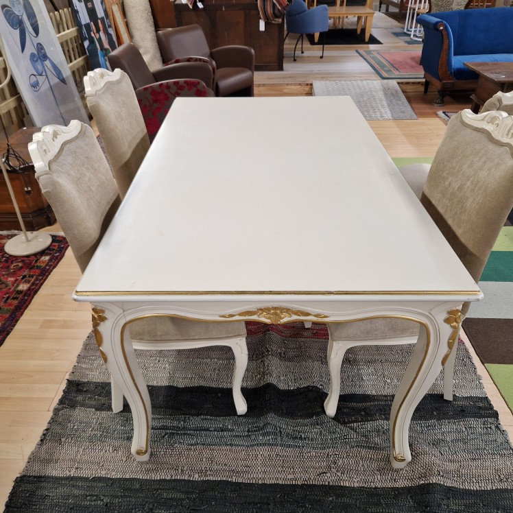 Barok eettafel plus vier stoelen wit/gouden details - Afbeelding 3