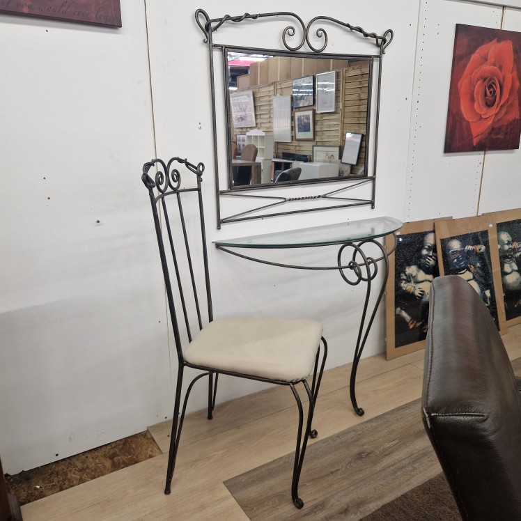 Smeedijzeren kaptafel met stoel en spiegel
